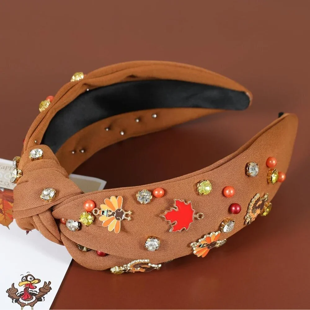 Thanksgiving Turkey Headband Women Fall Festive Rhinestone Beaded Hair Accessory